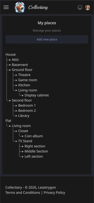 Collectiary places showing a hierarchy of storage locations